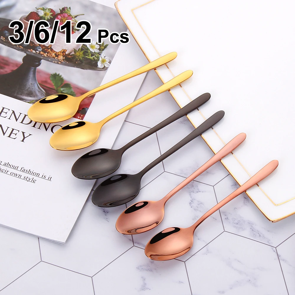 3/6/12 Pieces Gold Stirring Teaspoon Stainless Steel Coffee Spoon Set Ice Cream Cake Dessert Mini Spoon Sliverware Party Cutlery