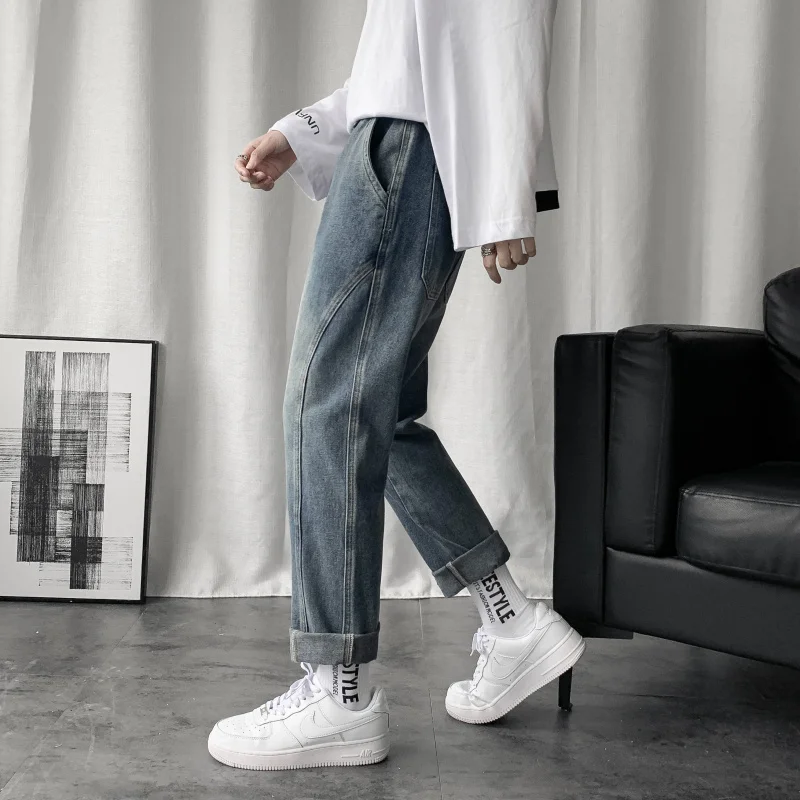 

Men's Jeans Casual Straight Stretch Vintage Classic Blue Black Work Denim Trousers Male Brand Clothing Wide Leg Pants C124