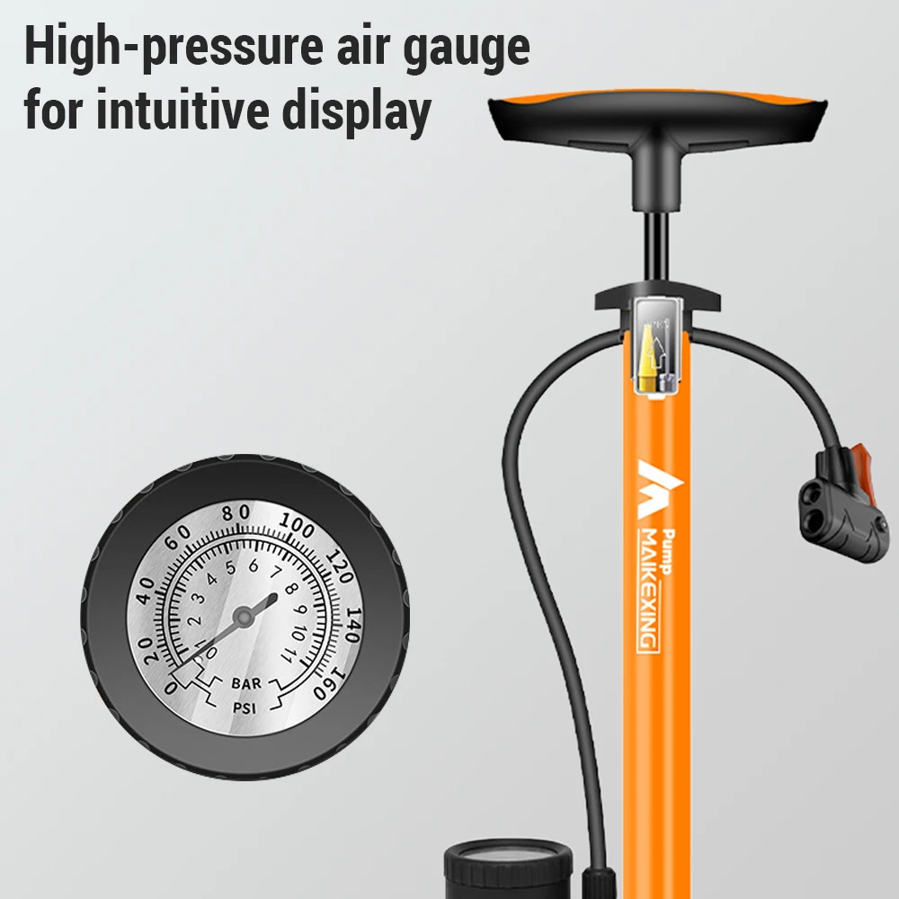 Bike Pump with Gauge Multi-functional Portable Inflator for Bicycle and Cars 160PSI with High-Pressure Gauge and Nozzle Air Pump