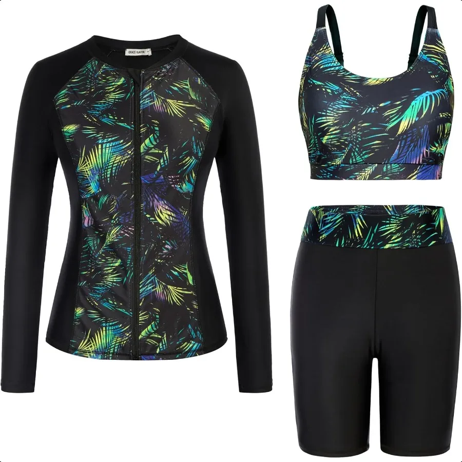

GRACE KARIN Women's 3 Piece Rash Guard Builtin Bra Long Sleeve UV Sun Protection Swimsuit Zip up Swim Top Shirt Modest