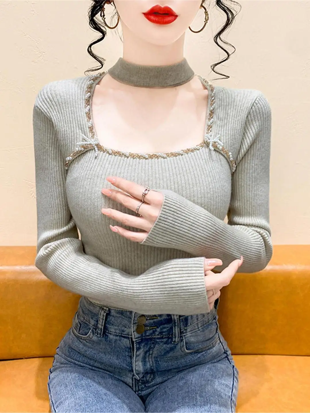 Feminino longo sve gola quadrada camisola de malha fino ajuste interior irt topo inverno faion sensação grânulo design ne pendurado