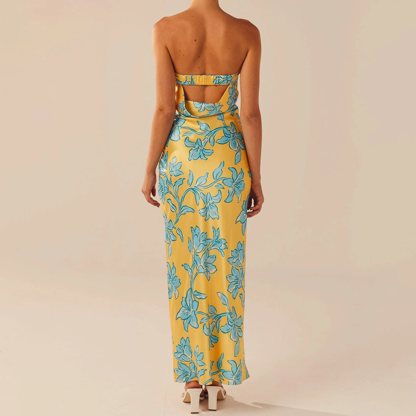 المرأة الصيف حمالة الجمالية الأزهار بسط الفرقة انقطاع عارية الذراعين أكمام مستقيم Bodycon أنبوب فستان طويل