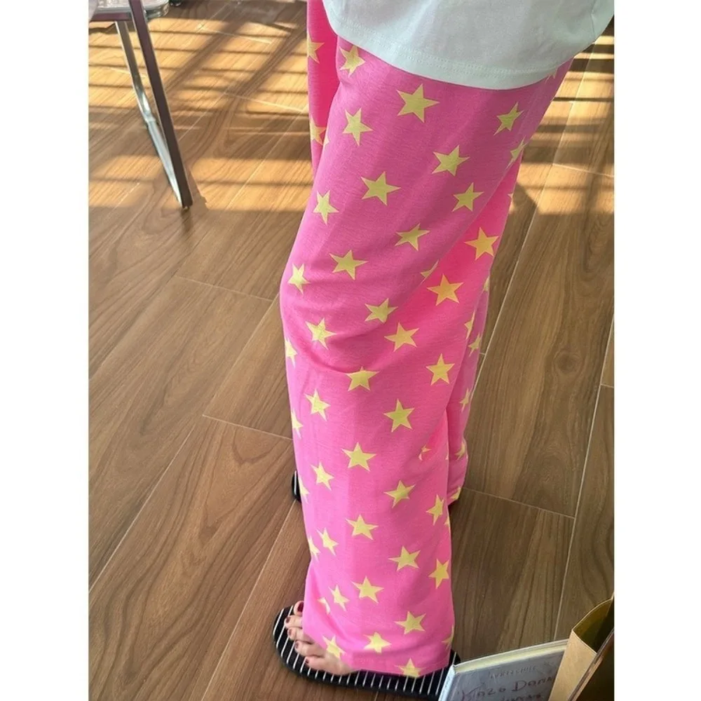 Cartoon Print Women Home Pants Loose Fit Star Print Night Pants Soft Fabric Elastic Waistband Cartoon Print Pants Lounging