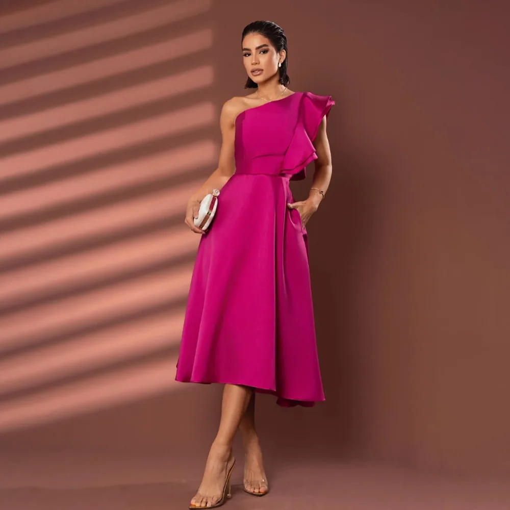 

Customized High Quality Knee Length One Shoulder Sleeveless Wrinkle A-line Women Prom Evening Dresses Gece Elbisesi Düğün فساتين