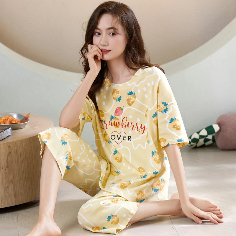 New Summer Cotton Pajamas Set Calf-Length Pants Short Sleeve Nightwear for Young Girls Women's Soft Sleepwear Pijamas Mujer 2013