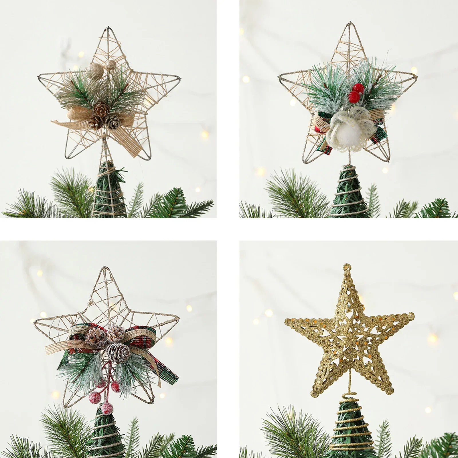 Hollow Christmas Star, Christmas Tree Top Decoration, Pine Needle Pine Cone Berry Bow, 2024 Christmas Decorations for Home