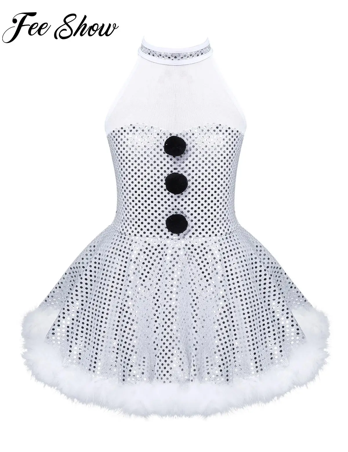 

Girls Christmas Dresses Santa Claus Snowflake Clothes Twirling Snowman Costume Sleeveless Mesh Splice Caged Back Sequins Dresses