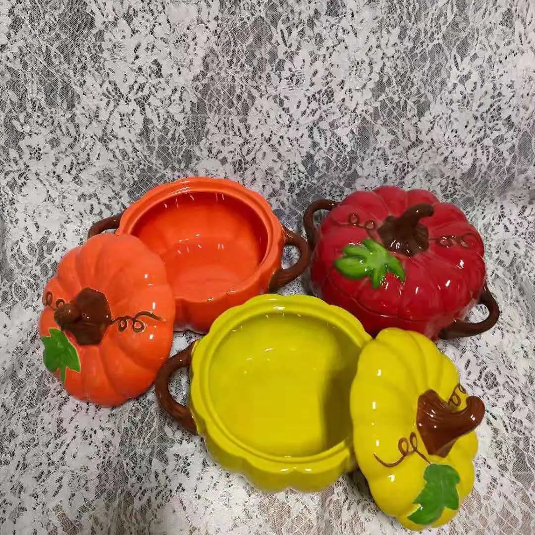 Ceramic Painted Pumpkin Bowl with Lid Noodle Bowl High-temperature Resistant Steamable and Bakeable Bowl Halloween Dinnerware