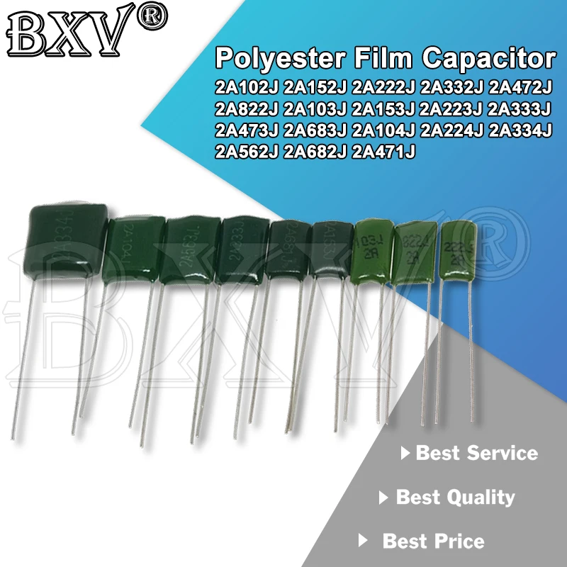 Polyester Film Capacitor 100V 220nF 330nF 2A224J 2A334J 2A102J 2A152J 2A222J 2A332J 2A472J 2A822J 2A103J 2A153J 2A471J 50PCS