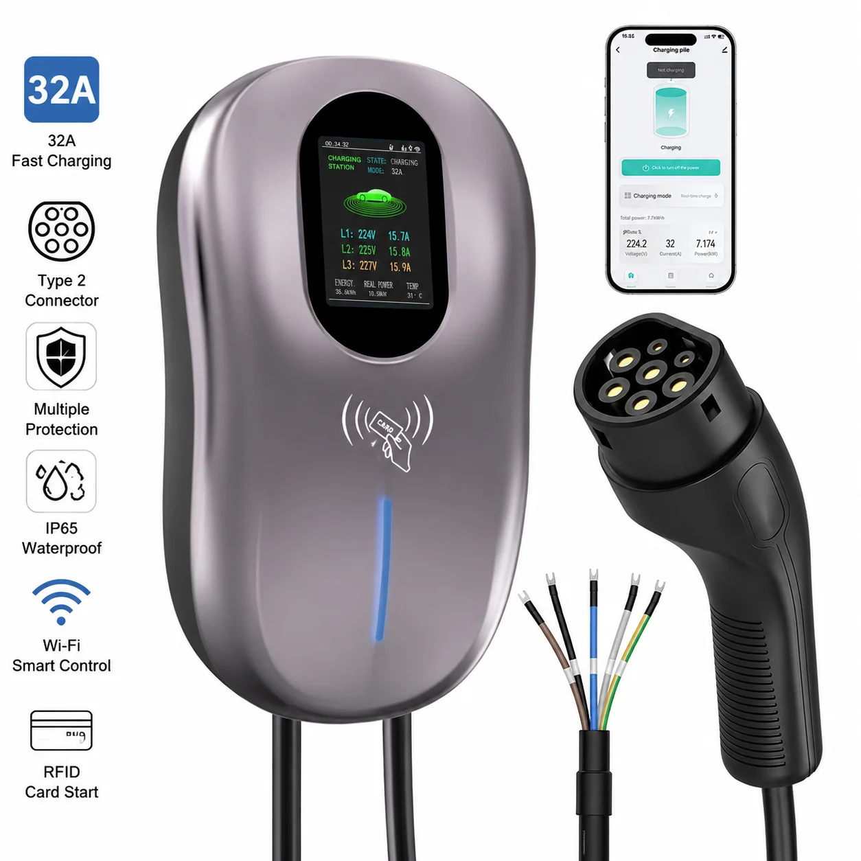 

CE Certified 7kW 11kW 22kW Wallbox AC EV Charger Type 2 Plug 4.3 Inch LCD IP65 Waterproof 5m Cable Fast EV Charging Station