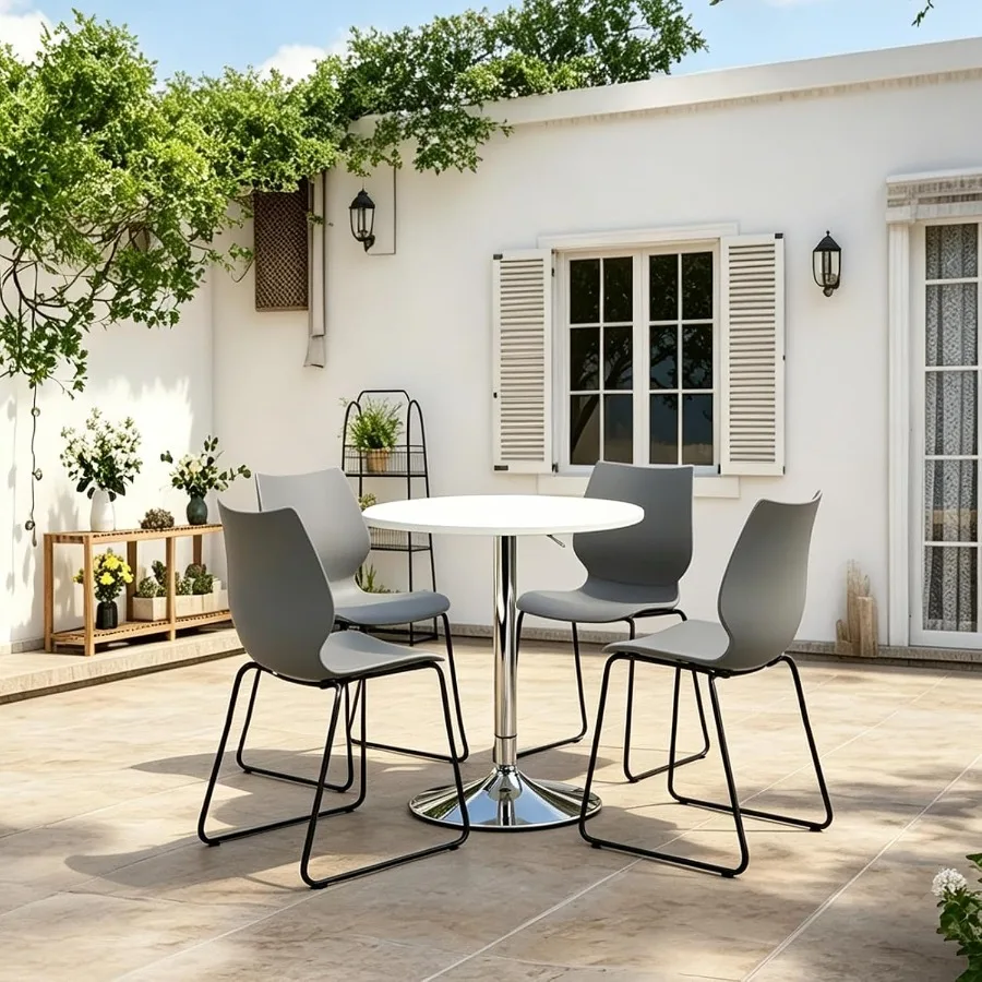 Table and Chairs Set, Stackable Waiting Room Chairs, Round Bar Pub Table, Grey and Silver, 5PCS