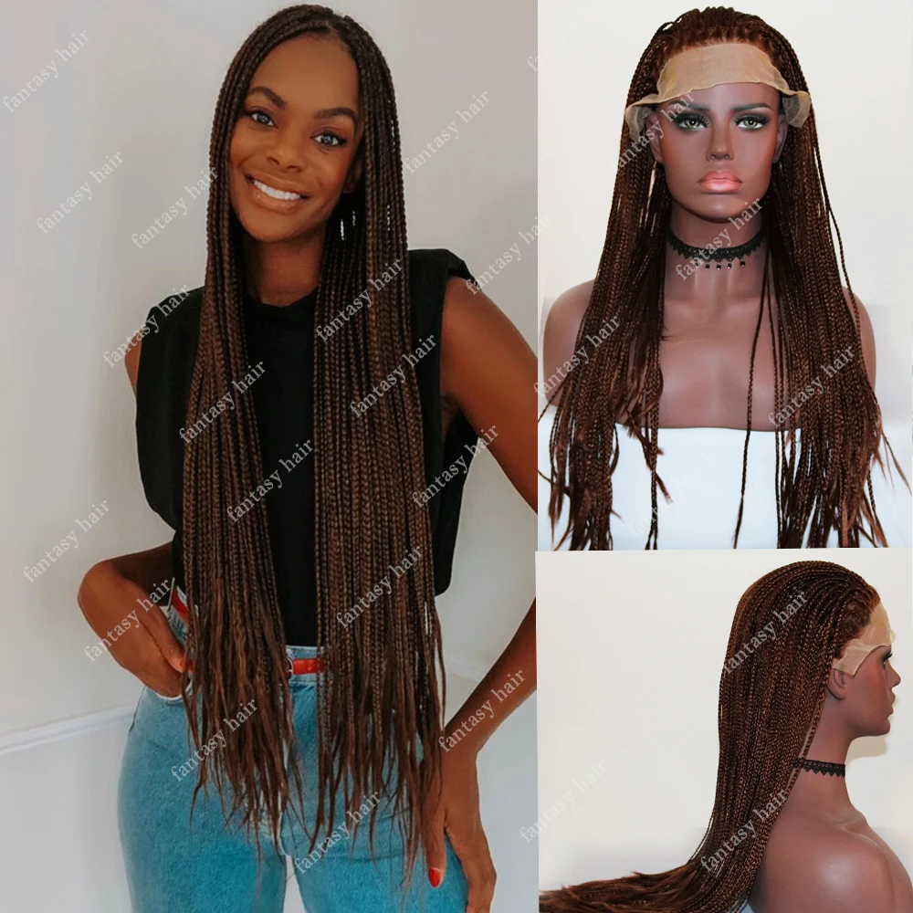 

Long Braided Box Braids Wig Ombre Chocolate Brown Synthetic Lace Front Wig High Temperature Cosplay Cornrow Braiding Hair Wig