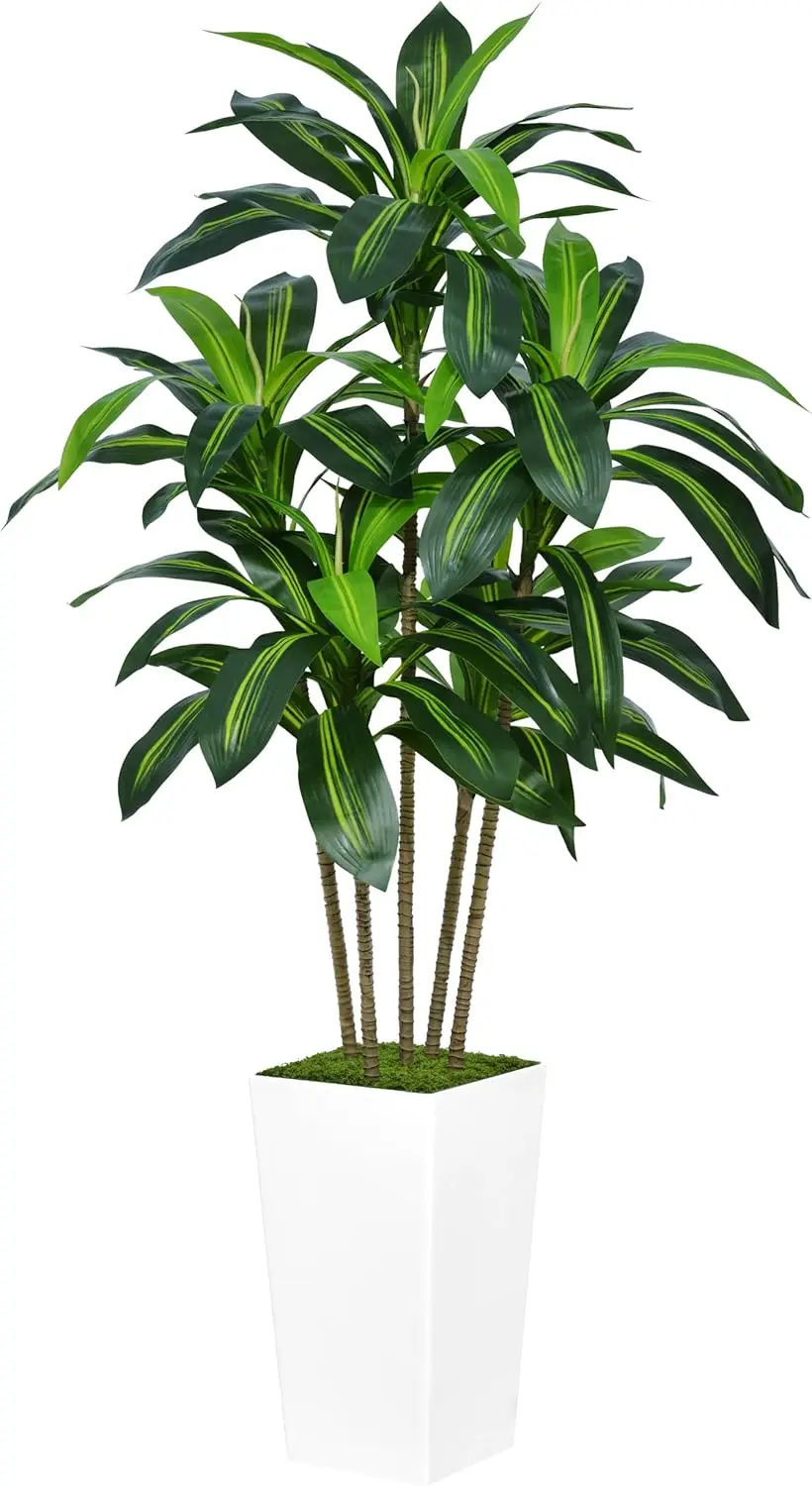 Artificial Dracaena Tree 5FT - Faux Tree with White Tall Planter - Fake Tropical Yucca Floor Plant in Pot