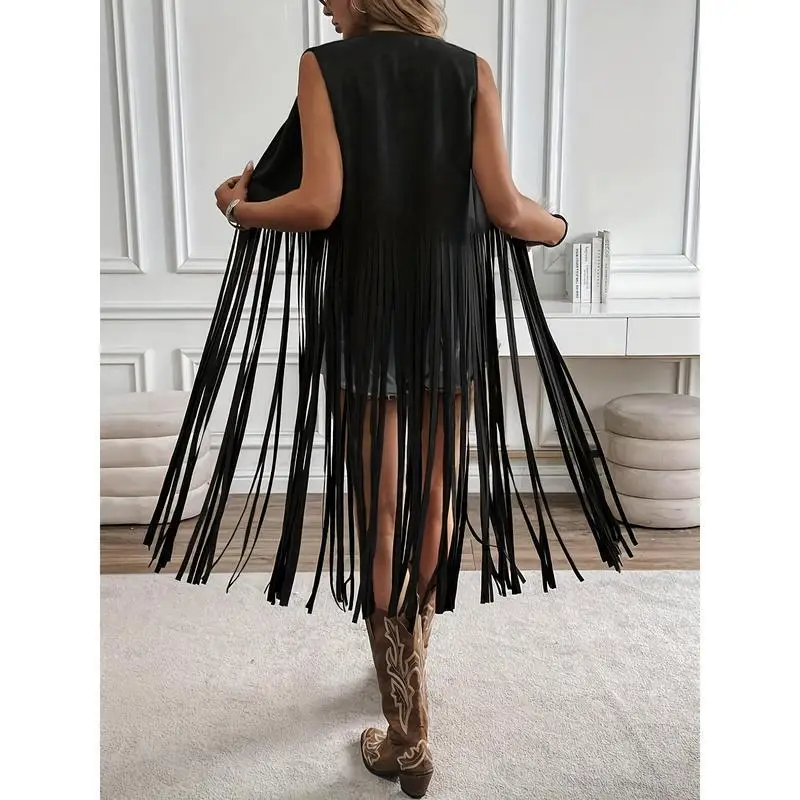 

Fringe Suede Vest Deer Skin Velvet Tassel Sleeveless Top Women's Fashion Inner Wear Regular Length Outerwear Spring Season