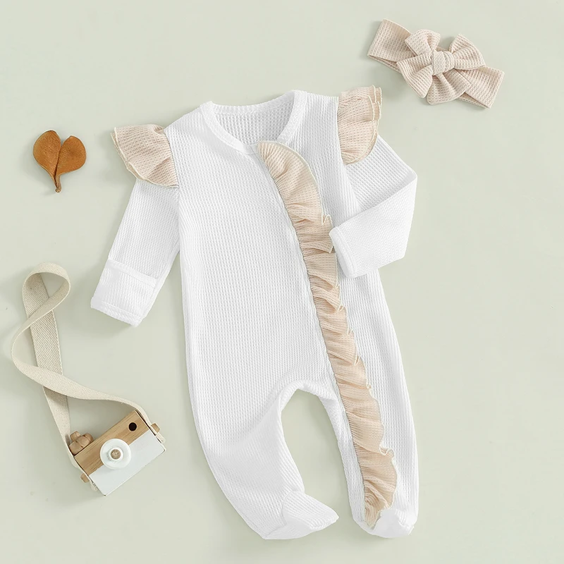 2024-05-11 Lioraitiin Baby Girls Outfit, Long Sleeve Crew Neck Frills Zipped Contrast Color Footies and Headband Fall Clothes