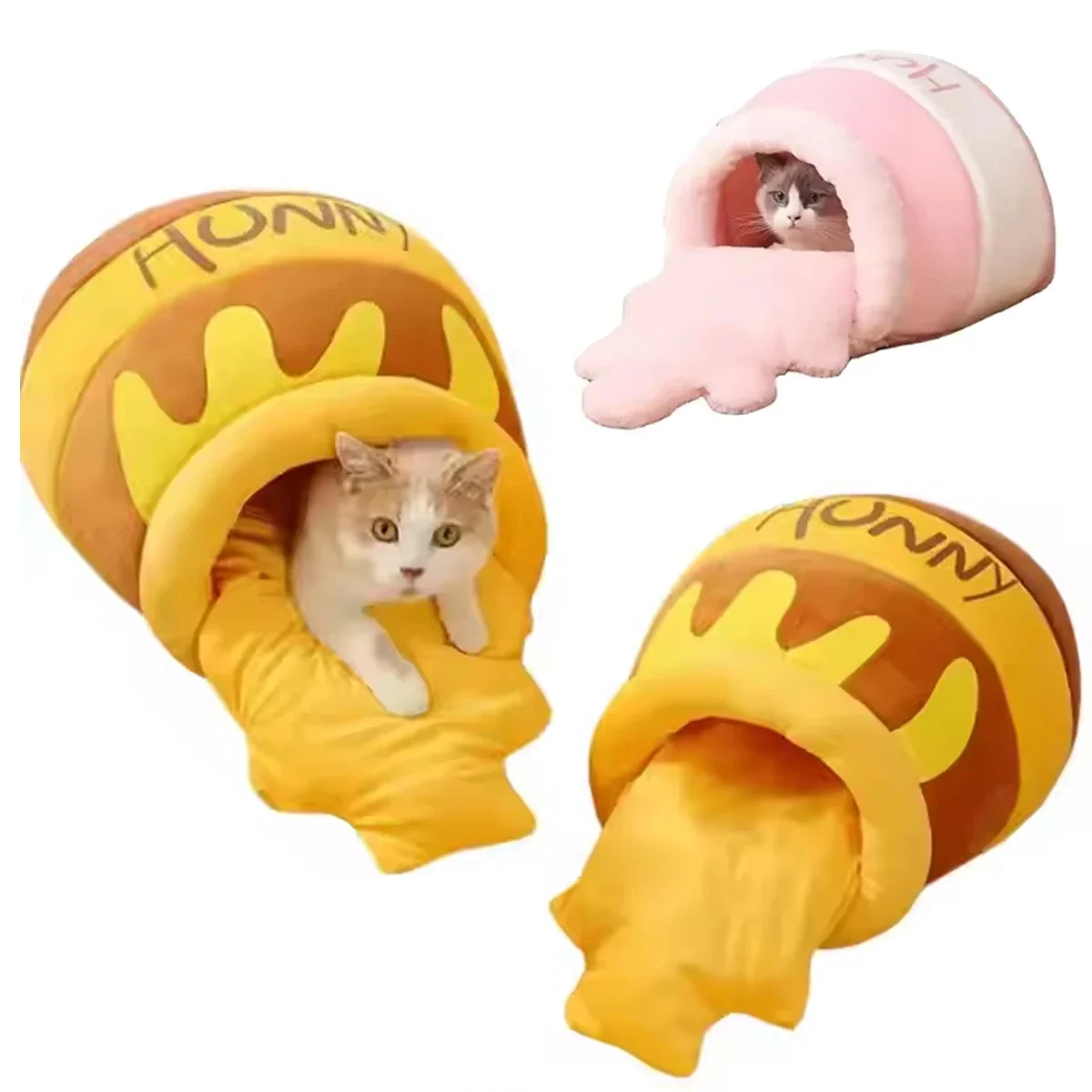 

Funny Cute Honey Pot Cat Cave Bed Winter Breathable Nest Plush Warm House Removable Mat Small Animal Rabbit Hamster Cat Supplies