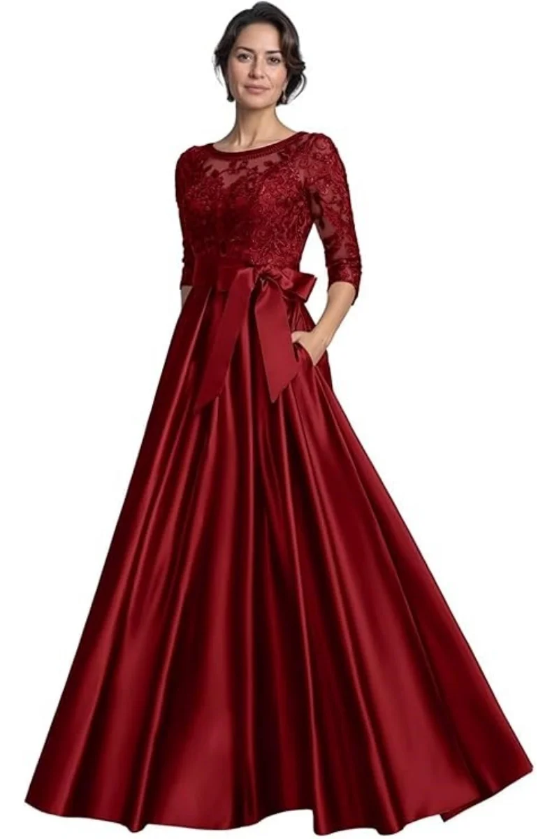 Abiti per la madre della sposa per matrimonio Abito da sera lungo con applicazioni in pizzo di raso con maniche a 3/4 e tasche Abito da ballo con scollo tondo