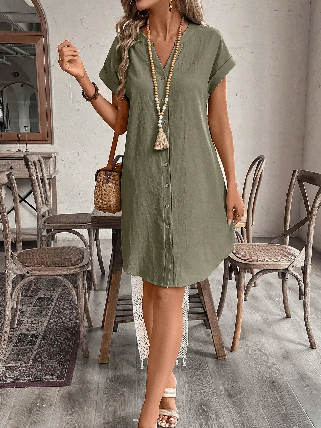 

Женское однотонное повседневное мини-платье с короткими рукавами и пуговицами спереди, летнее