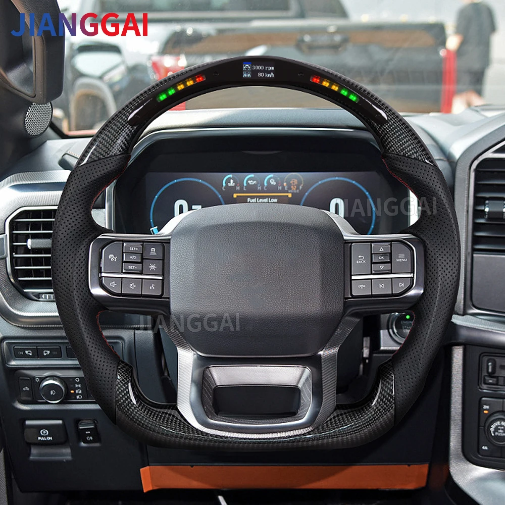 F150 LED Carbon Fiber Steering Wheel For Ford F150 Raptor 2021-2024 Steering Wheel With Paddle Holes Red Stitching Racing Wheel