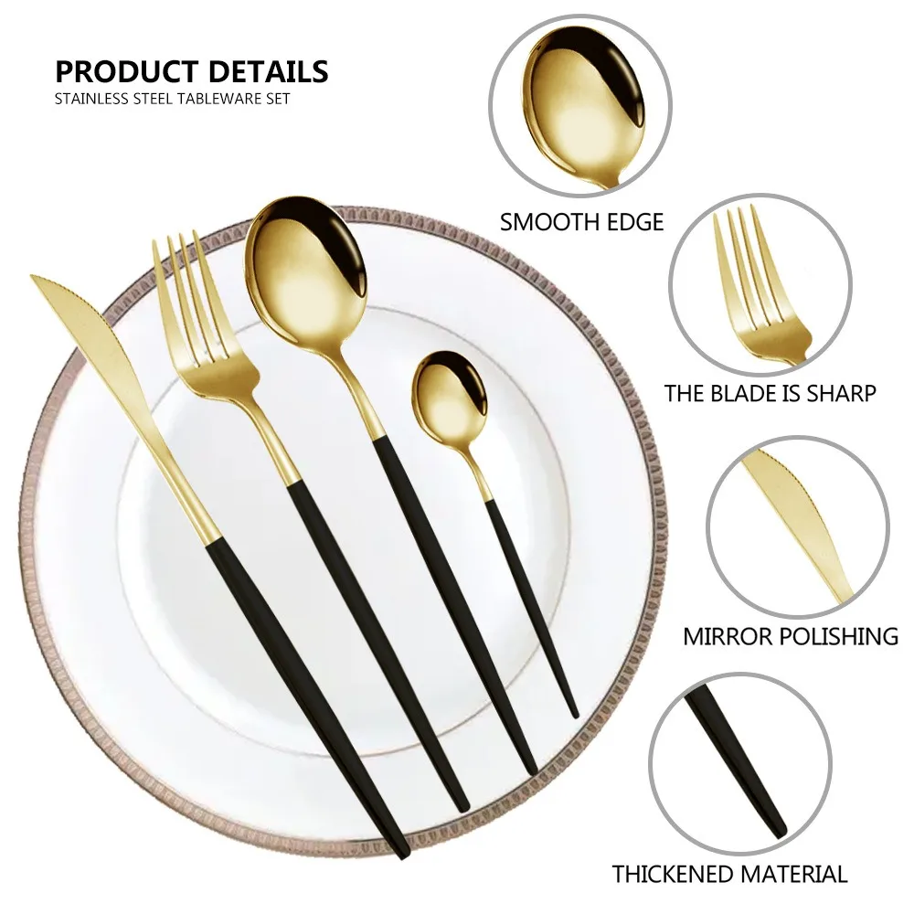 Stainless steel cutlery knife and fork set 24 pieces food grade durable 4 sets of 6 people gold cutlery and fork spoon