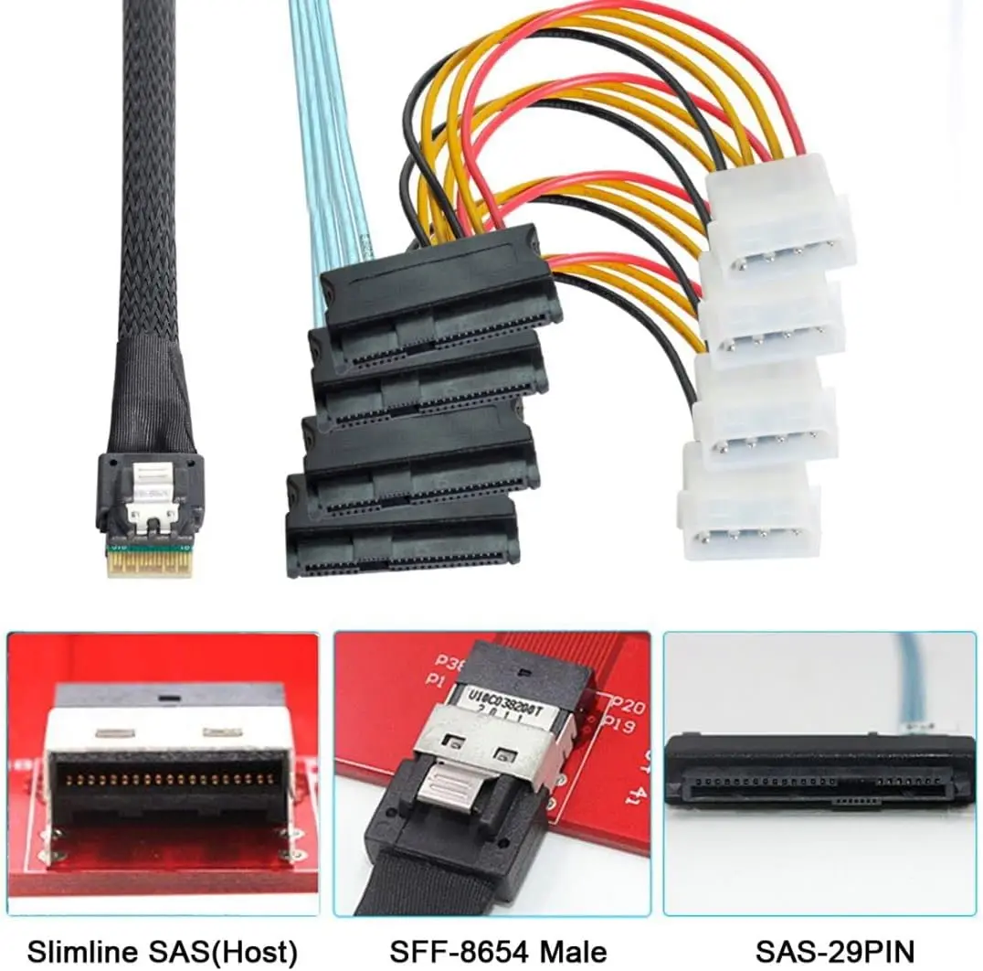 Slimline Cable SAS 4.0 SFF-8654 4i 38pin Host to 4 SAS 29pin SFF-8482 Target Hard Disk Fanout Raid Cable