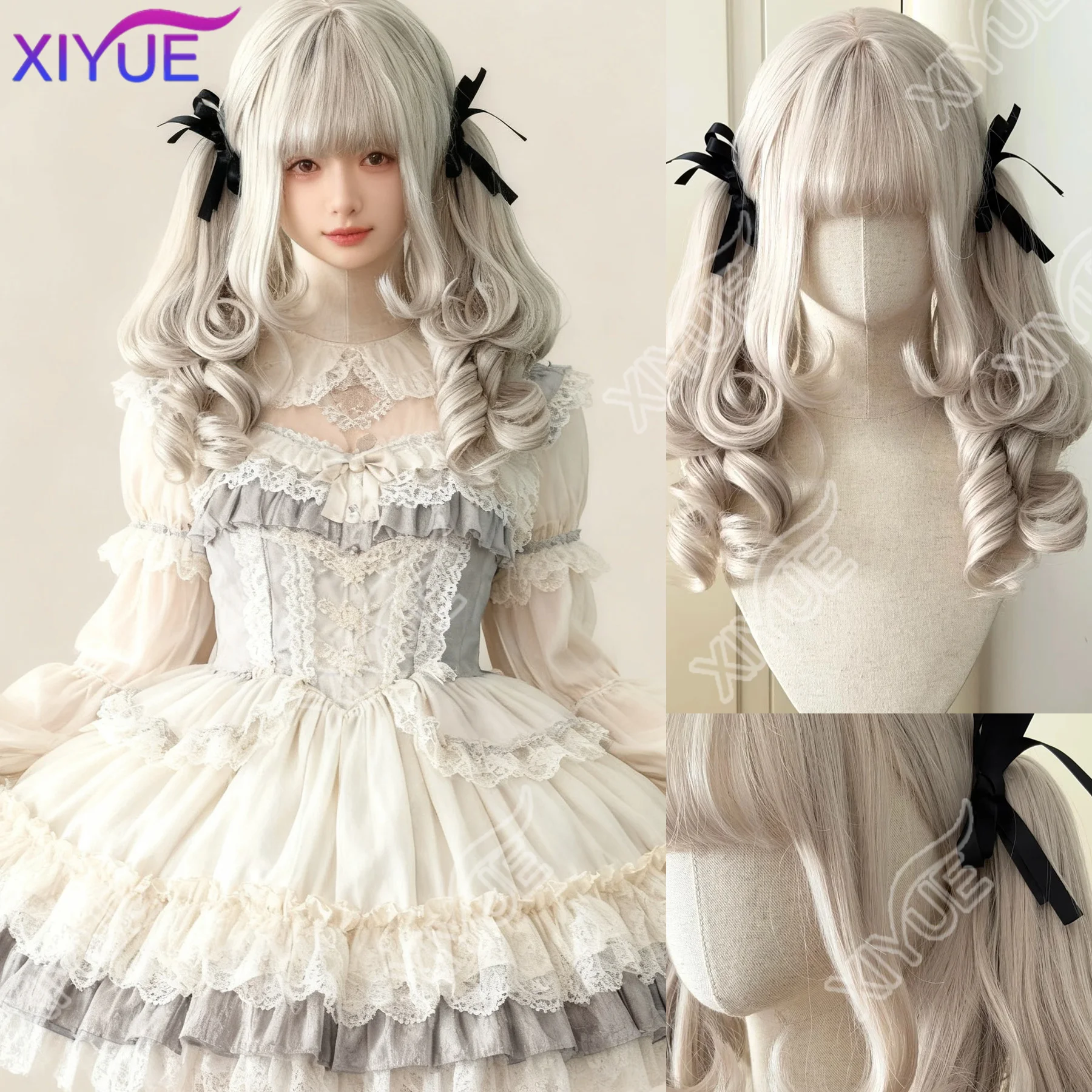 XY Lolita, a drooping eared rabbit Synthetic Lolita Curly Hair With Bangs silvery white Anime Wig Oberl Woman Party Cosplay Wig