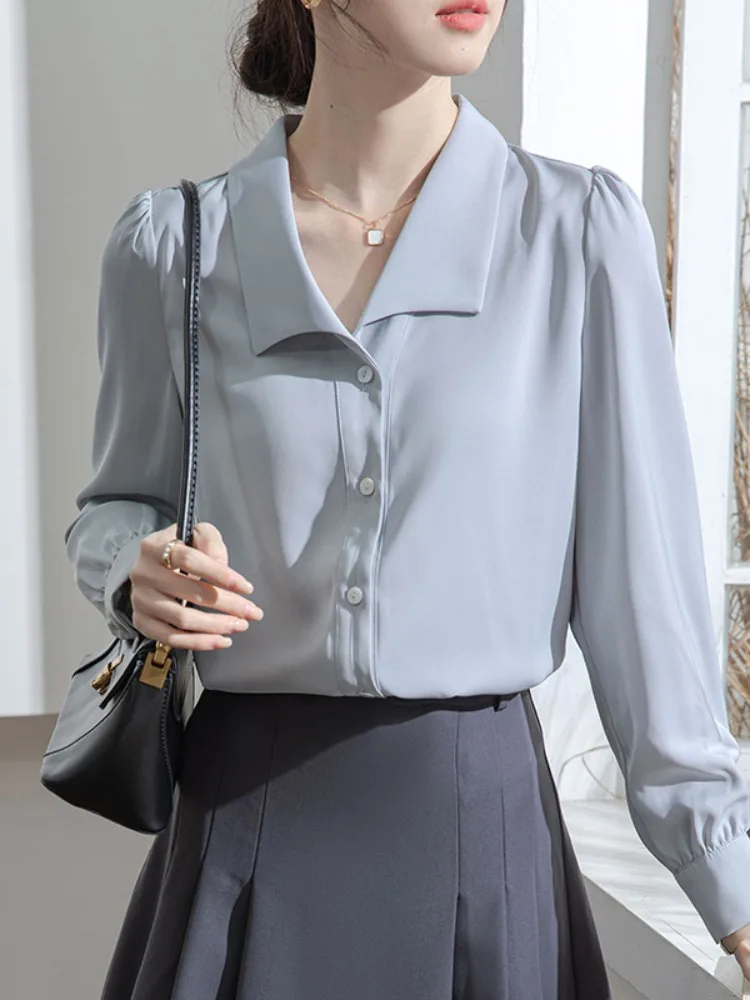 Ele Blue Long Sve irt für Damen, Pendeln, Herbst, professionelle Bürokleidung, öffentlicher Diener, Interview, Damen-OL-Top