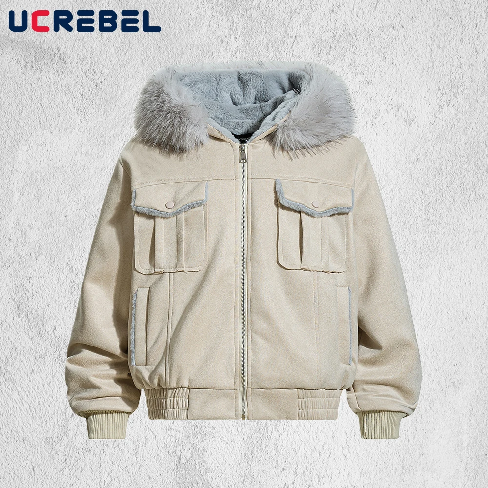 

Замшевая стеганая куртка с несколькими карманами, мужская зимняя уличная куртка со съемным меховым воротником и длинным рукавом, толстая флисовая верхняя одежда для мужчин