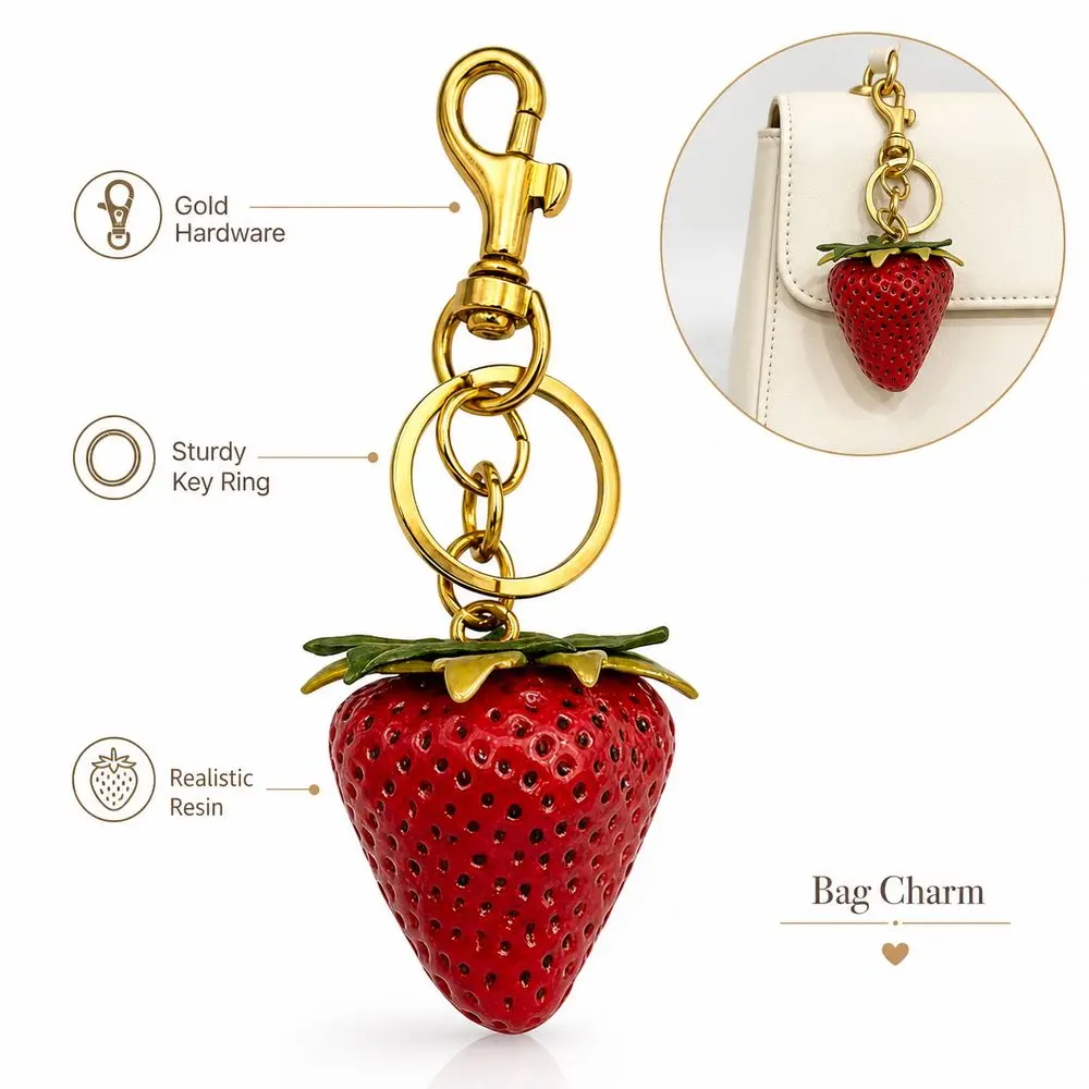 New Cartoon Strawberry Keychain Resin Realistic Fruit Strawberry Bag Charm Textured Surface Fruit Key Ring Key Organization