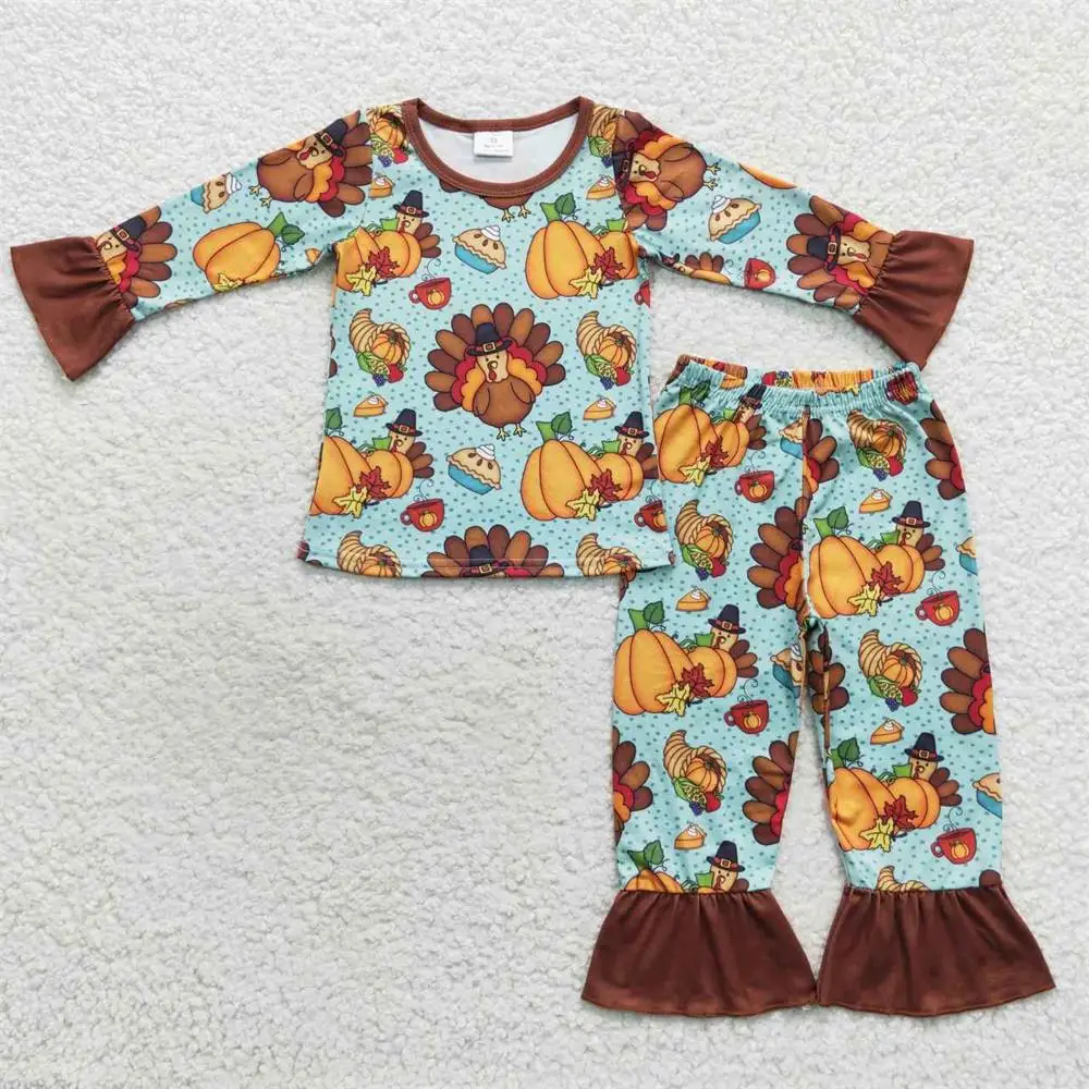 Wholesale Infant turkey Set Kid Pumpkin Pie Toddler Fall Pajamas Long Sleeves Shirt Pants Children Baby Girl Thanksgiving Outfit