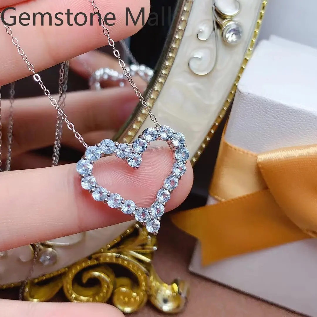 925 Silver Fashion Heart Pendant 20 Pieces Natural Aquamarine Pendant Allergy Free 3 Layers Gold Plating Aquamarine Jewelry