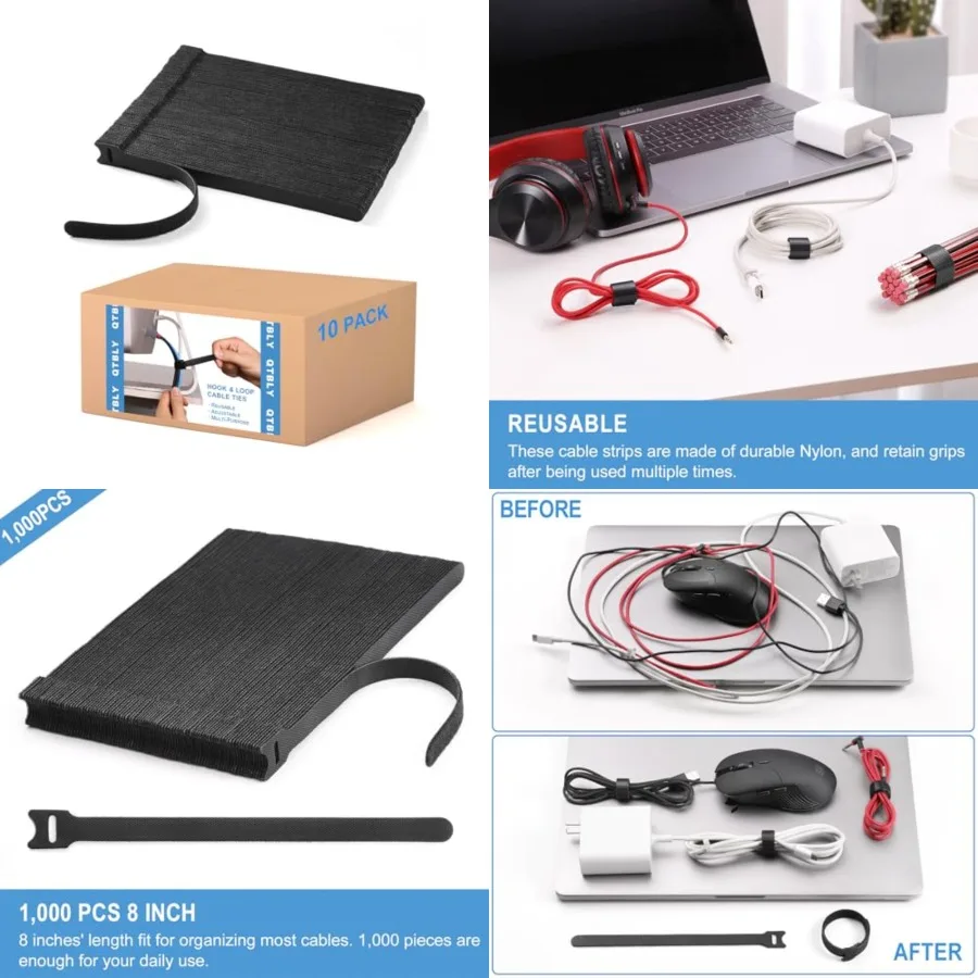 

1, 000 PCS Reusable Cable Ties Adjustable Cord Wraps, Cable Straps Hook and Loop Cord Organizer, Cable Management x 10 Packs