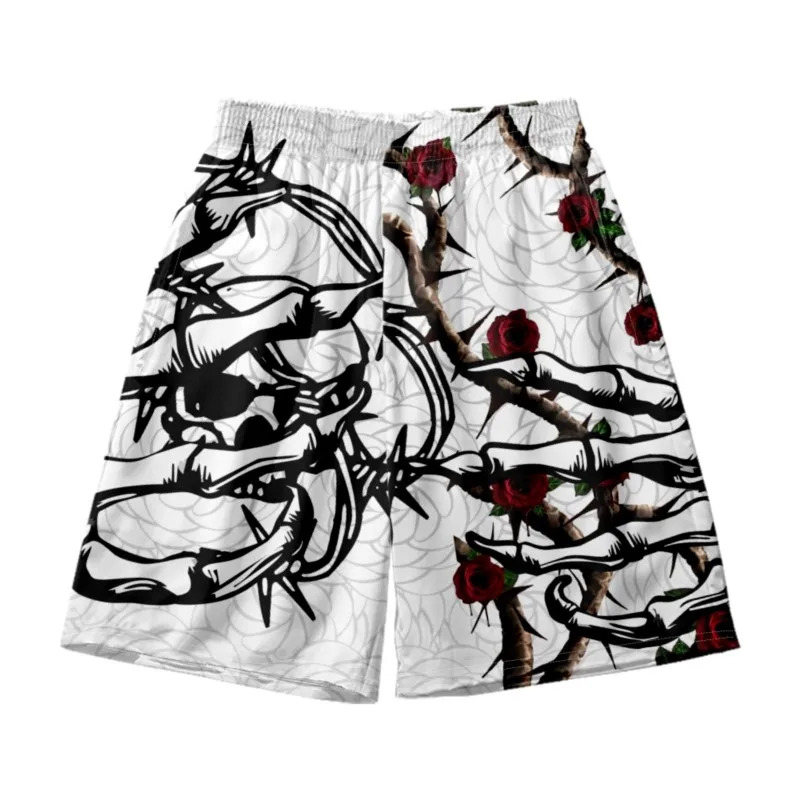 Men's 3D Skull Fingers Rose Printed Waist Shorts Polyester Quick Dry Breathable Waist Shorts Beach Board Shorts