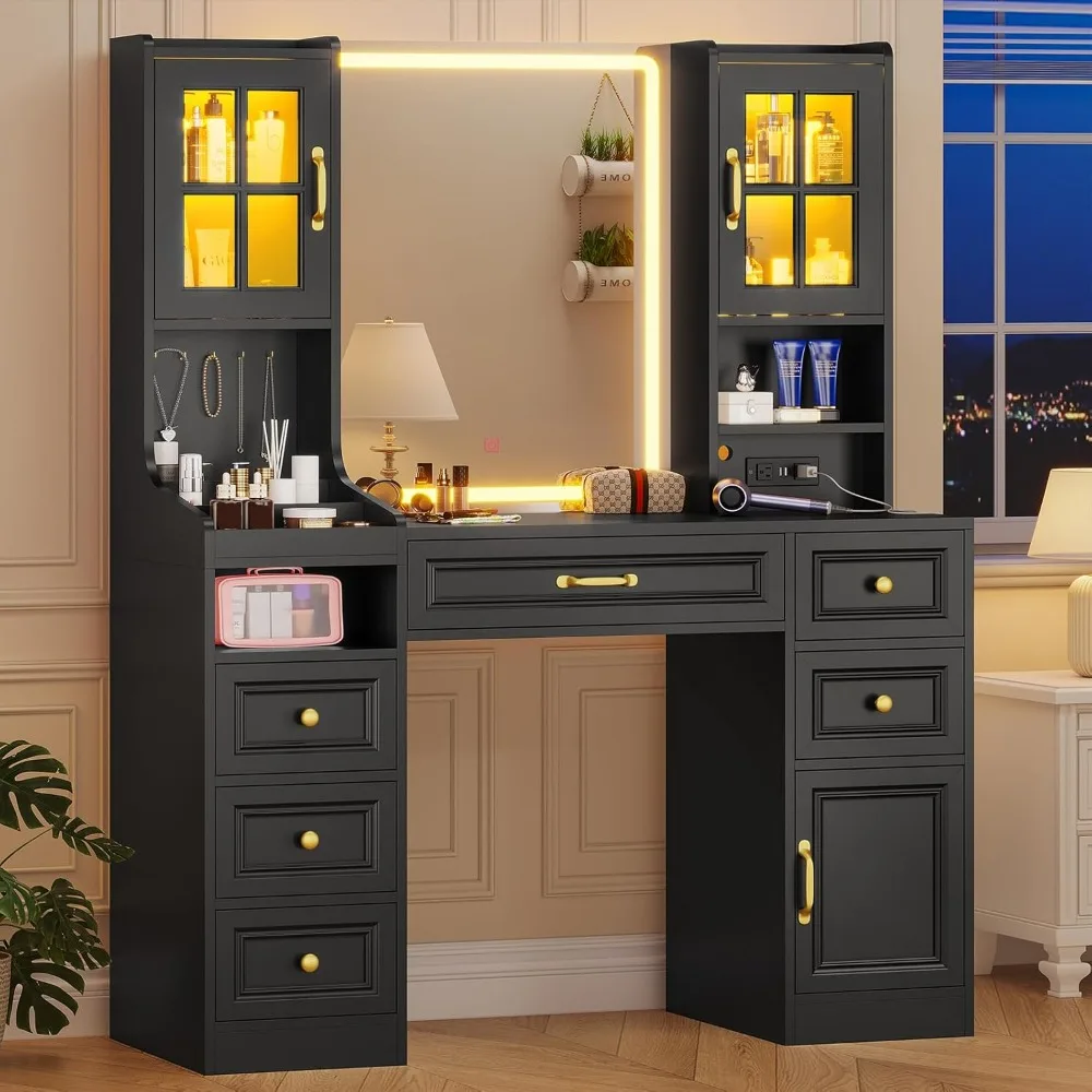 Vanity Desk with Touch Screen Mirror and Lights & Charging Station, Large Makeup Vanity with RGB Light Cabinets, 6 Drawers