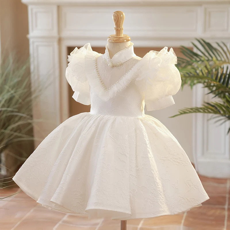 Vestido de princesa blanco para niñas, ropa de fiesta de verano, cuello alto, manga abullonada, con cuentas, vestido de baile de banquete de encaje elegante