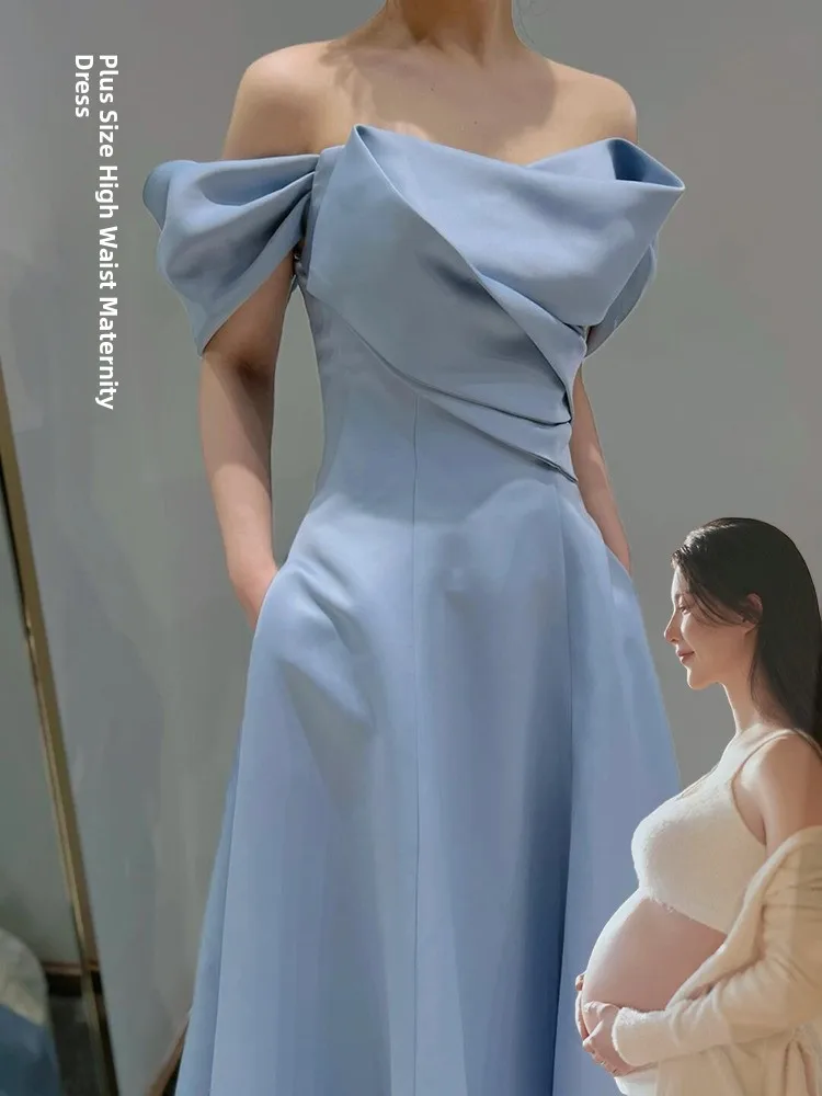 

Blue Satin Evening Dr Luxury Large Size aduation Host Year End Conference Dr Slimming A-Line Skirt One oulder Dr