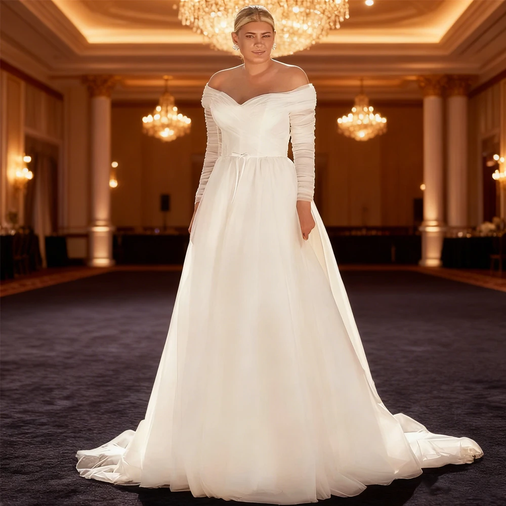 

Свадебные платья больших размеров без бретелек, индивидуальное платье невесты с длинными рукавами и плиссировкой, трапециевидный шлейф فستان حفلات