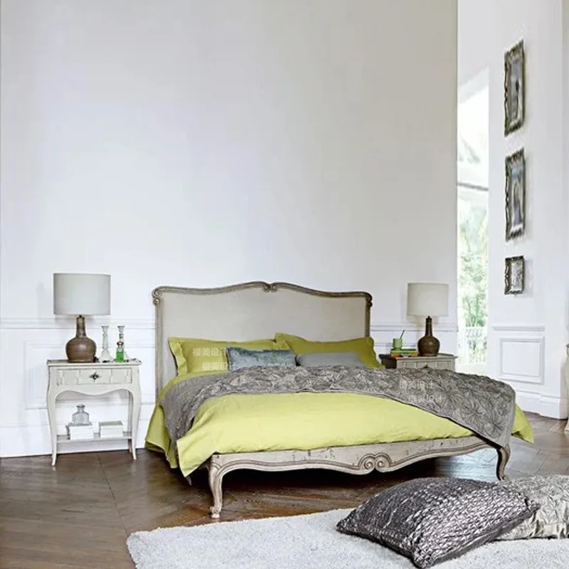 French retro solid wood bed, American linen soft carved double bed