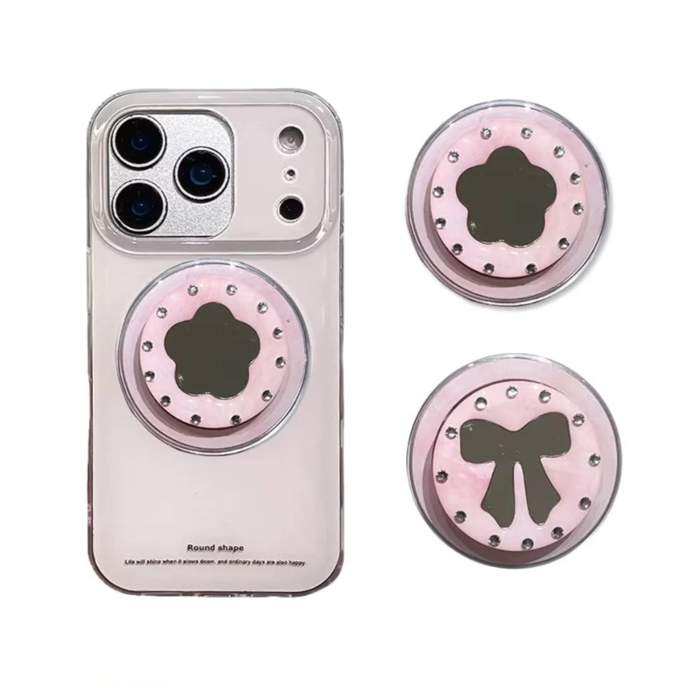 

Универсальный магнитный чехол для телефона с держателем Grip Tok, милый корейский дизайн с водными стразами, розовый цветок и бантик, для Apple и Samsung, с подставкой.