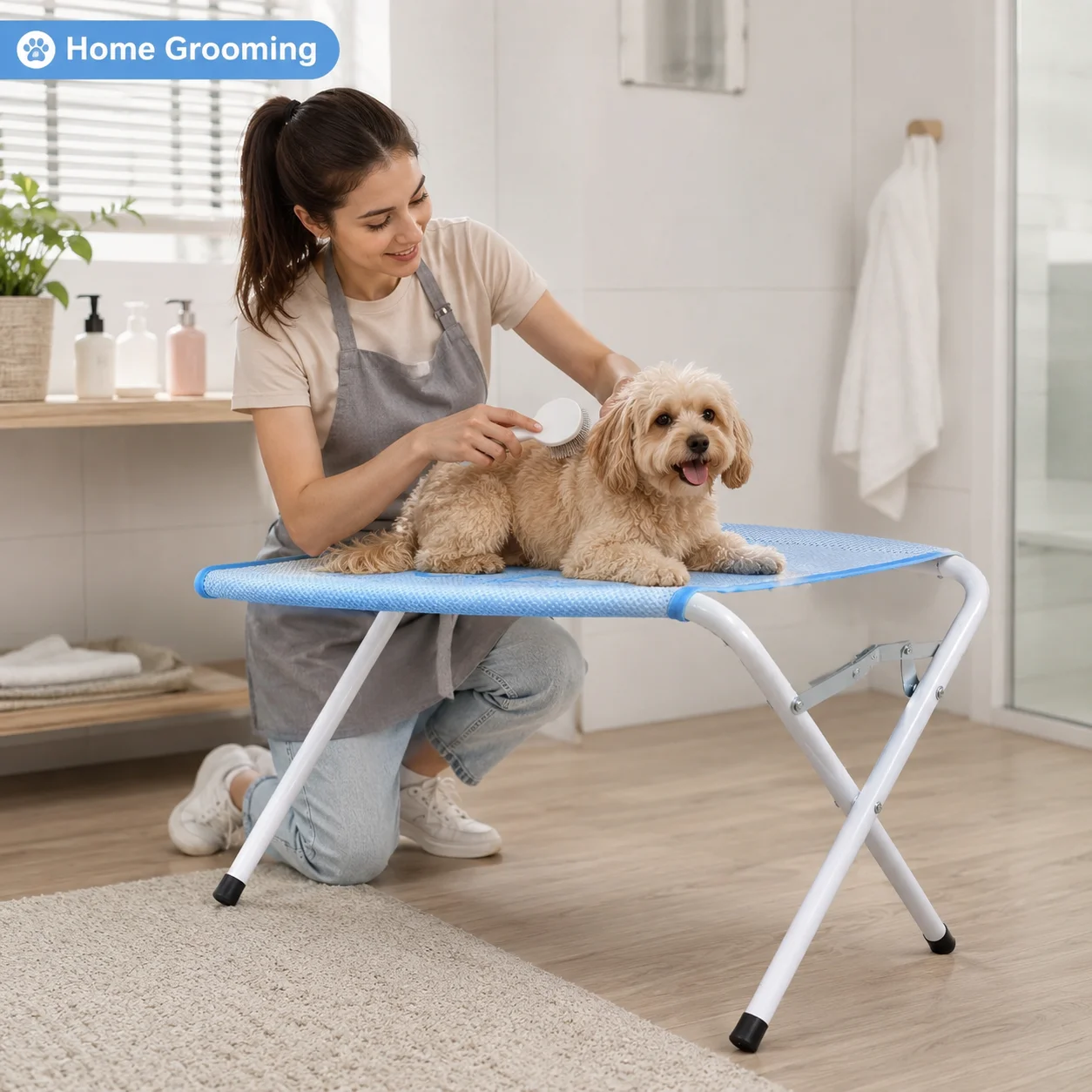Soporte ajustable para el cepillado y el baño de perros y gatos. Mesa plegable para el cuidado de mascotas.