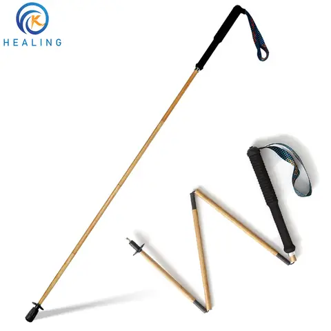 Carbon Fiber Bamboo Trekking Poles Hiking Sticks Portable 4-Section Foldable Outdoor Walking Sticks Walk Cane Climbing Equipment