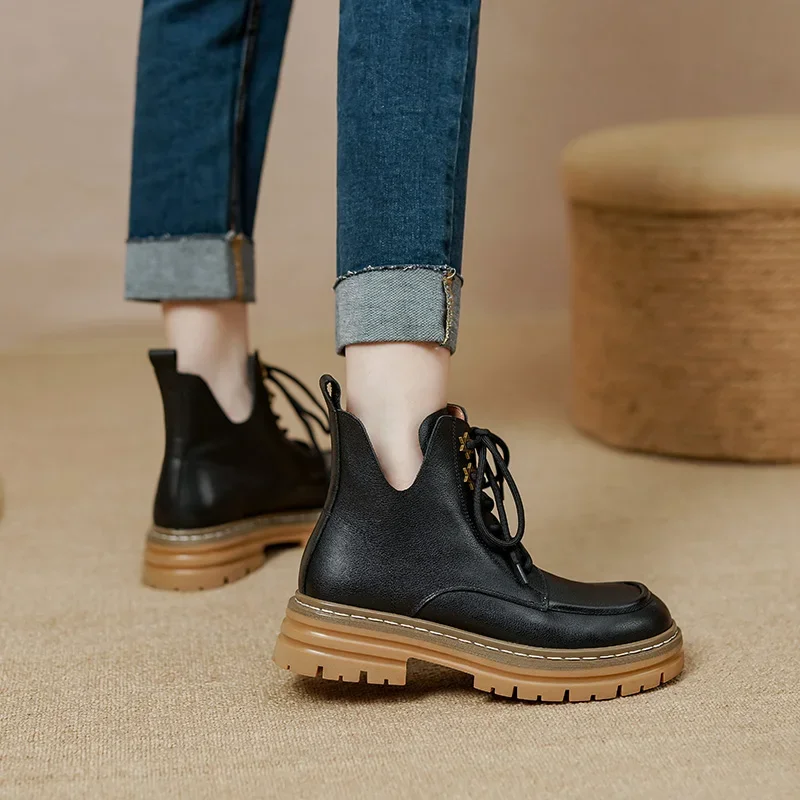 

Women Autumn Genuine Cow Leather Cross-tied Flat Ankle Boots Black Apricot Round Toe Outdoor Wear Platform Cozy Short Boots 2023