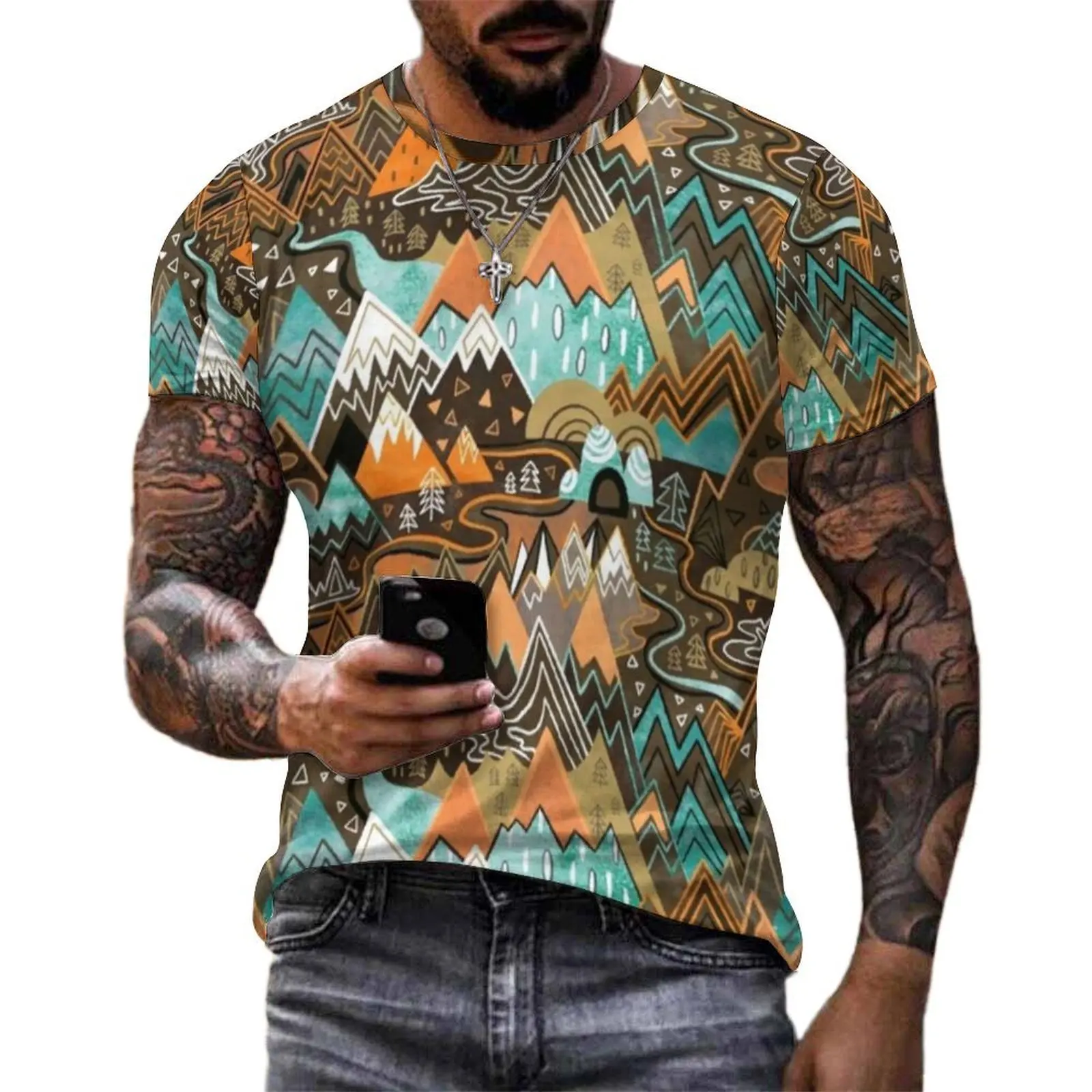 Vintage Mountains T Shirt Maximalist Mountain Maze Brown Mint Orange T Shirts Short Sleeve Tshirt Cheap Summer Oversized Tees