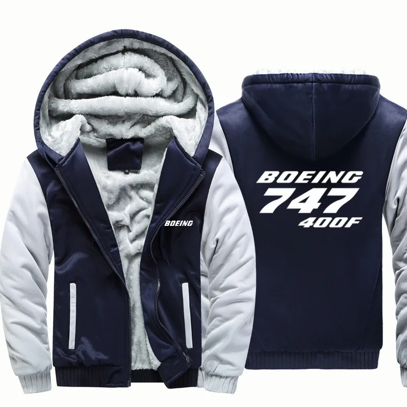 Fleece Warm Wool Boeing 747-400F Aviation Pilots Flight Men Coat Jackets Autumn Winter Zipper Hooded Thick Hoodies Sweatshirts