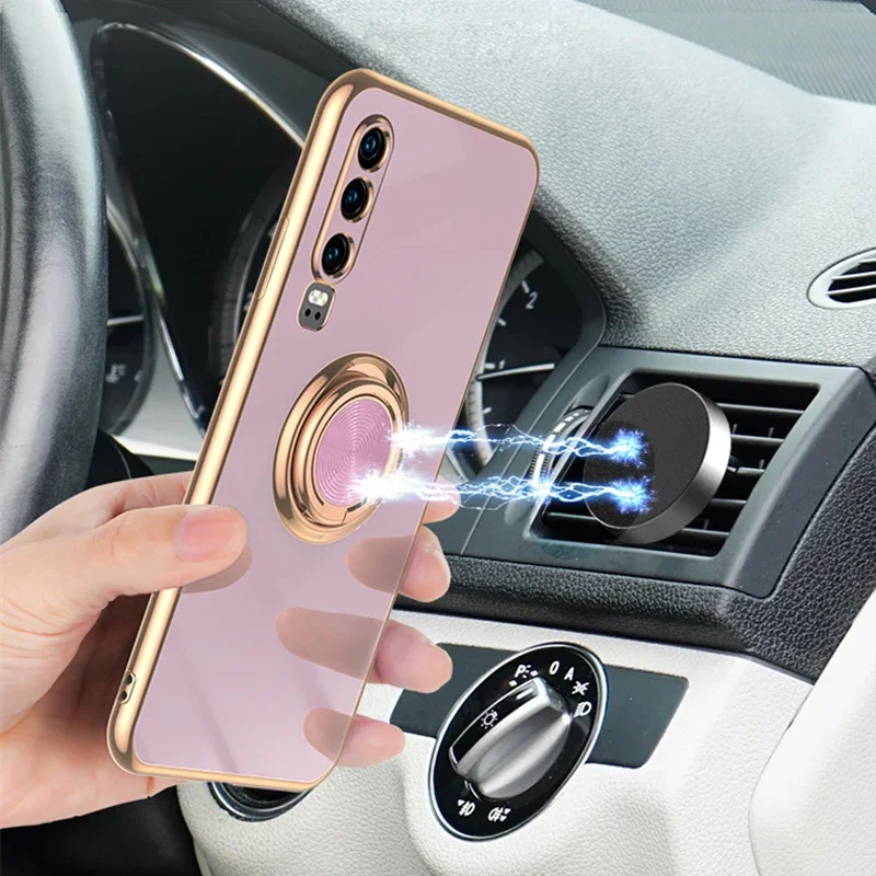 Magnetic Ring Holder Phone Case For Huawei P50 P40 P30 P20 Mate 60 50 40 30 20 Pro Electroplated Edge Soft Silicone Back Cover