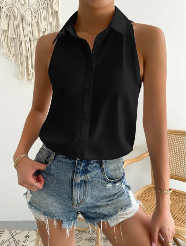

Women Summer Sleeveless Blouses Button Down Lapel Collar Solid Shirts Blouses Casual Loose V Neck Ropa Mujer Tendencia 2025