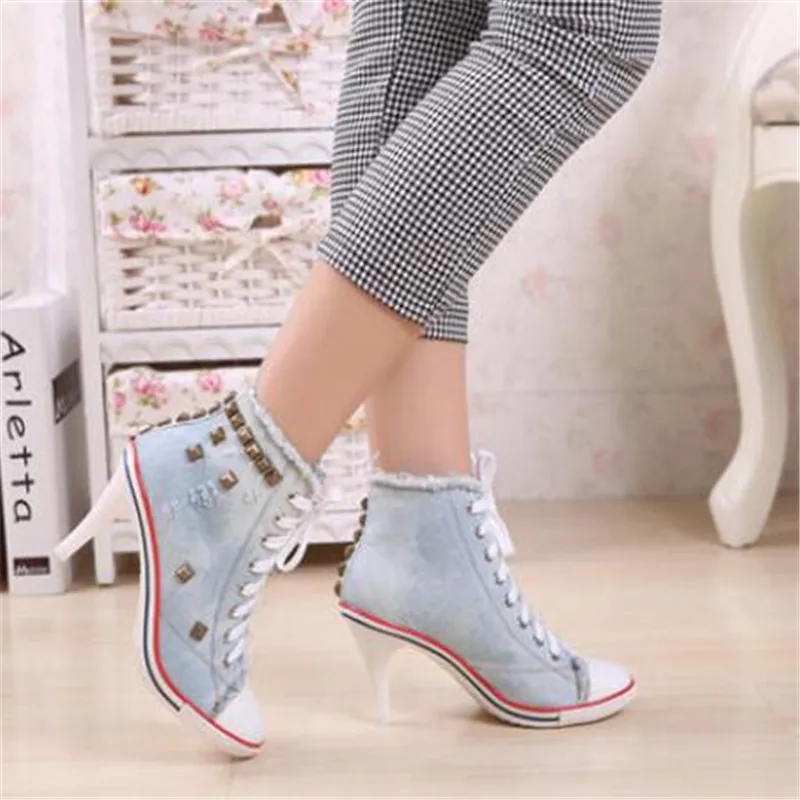 Pop Women Canvas Shoes Denim High Heels Rivets Shoes Nice Shoe Spring Sneakers Women\'s Pumps Black Blue Autumn Pop Nice