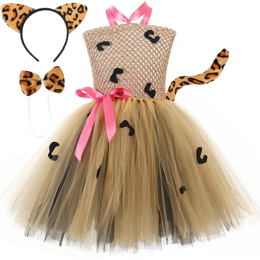 Kids Leopard Cat Lined Tutu Dress Girls Animal Birthday Costumes with Ears Tail & Bow Set for Halloween Carnival Disguise Outfit