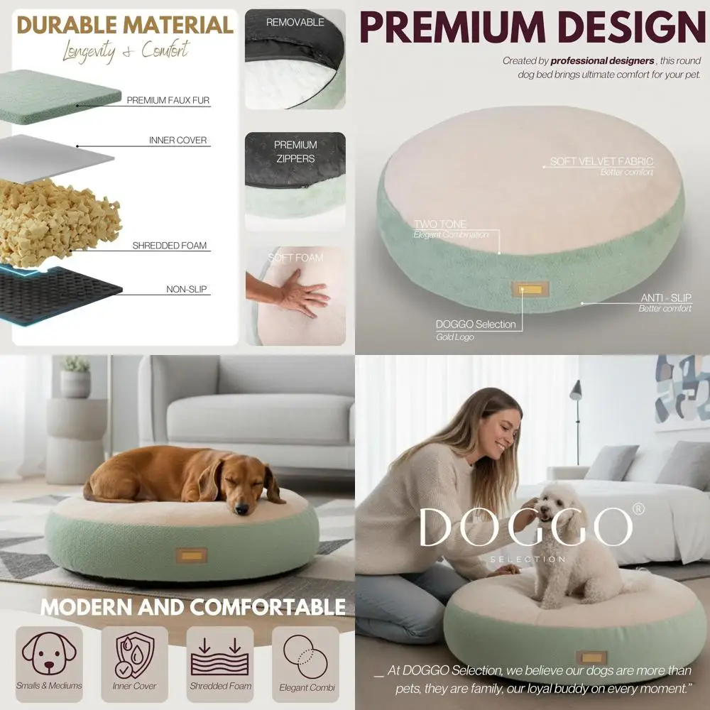33 Washable Round Dog Bed for Small-Medium Dogs - Soft Foam, Non-Slip, Stylish Green & Beige
