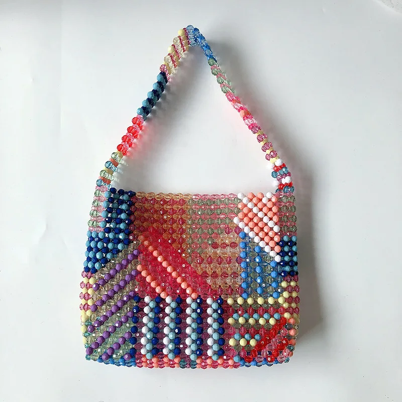 

Fashion Colorful Beaded Handbag Acrylic Transparent Bead Shoulder Bag High Quality Hand-woven Sumemr Beach Bag Exquisite Purses